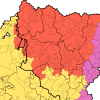 En rojo, municipios del Alto Aragón analizados en el Estudio Sociolingüística del aragonés, por la presencia de esta lengua