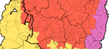 En rojo, municipios del Alto Aragón analizados en el Estudio Sociolingüística del aragonés, por la presencia de esta lengua