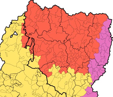 En rojo, municipios del Alto Aragón analizados en el Estudio Sociolingüística del aragonés, por la presencia de esta lengua